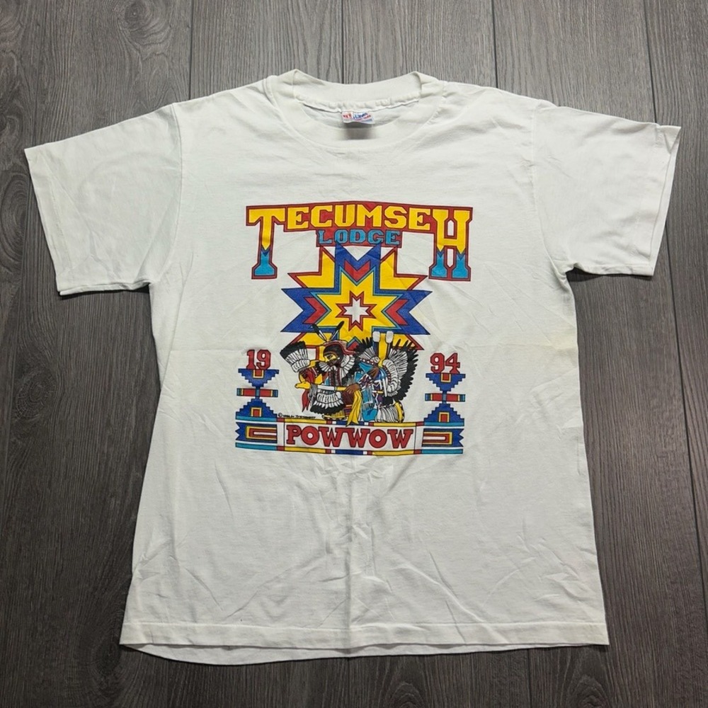 Vintage 1994 Tecumseh Lodge Powwow T-Shirt Hanes Heavyweight 50/50 White Medium